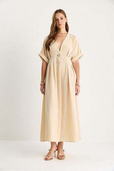 Bianco Lucci Rochie de damă din in, cu decolteu în V, cu detaliu de nasturi aurii 5266 60281107