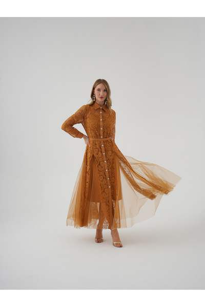 SERPİL Dantel ve Tül Detaylı Uzun Kollu Belden Kuşaklı Elbise