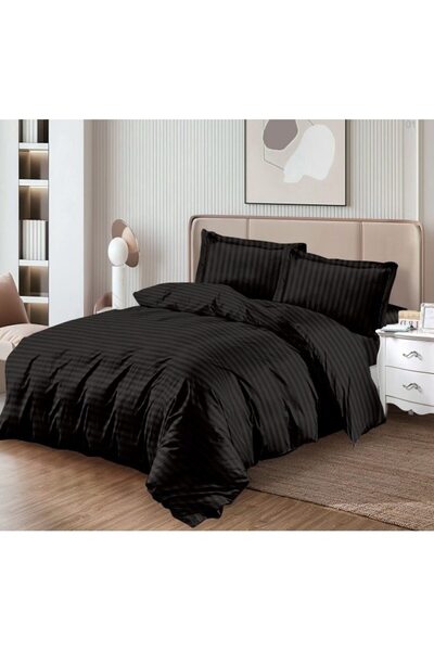 OEM Lenjerie de pat, Damasc, cu elastic, 4 piese, 2 persoane, 180x200 cm uni, negru