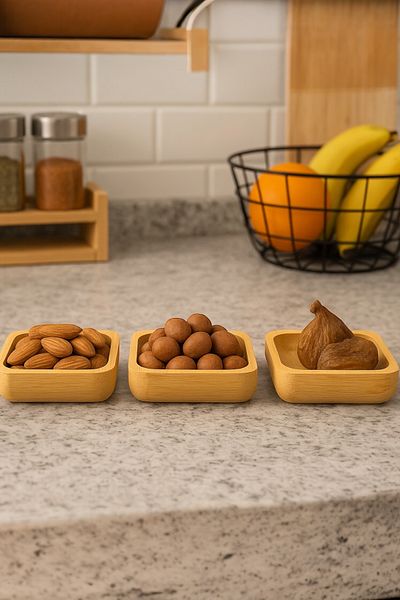 Evsun Home Collection Bamboo 3-Piece Snack Bowl Set Square 9.5cm