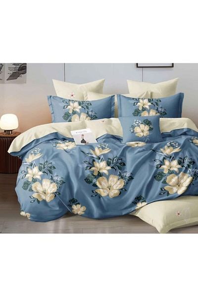 OEM Lenjerie de Pat Dublu, Cearsaf Reversibil, 6 piese, Imprimeu Floral, 2 persoane, 230x245cm, Finet, A