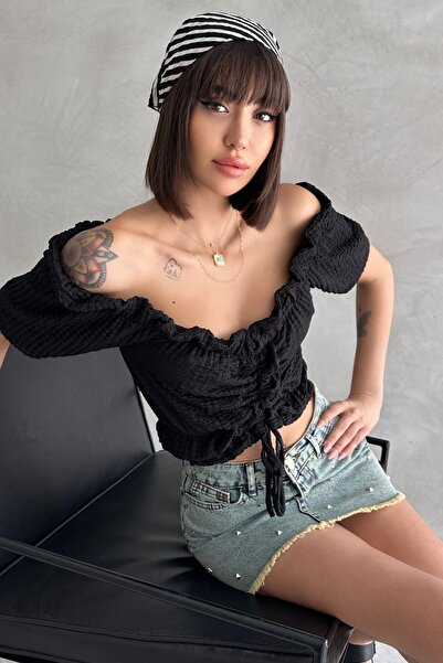 New Now Madonna Collar Seersucker Fabric Front Tie Bluz