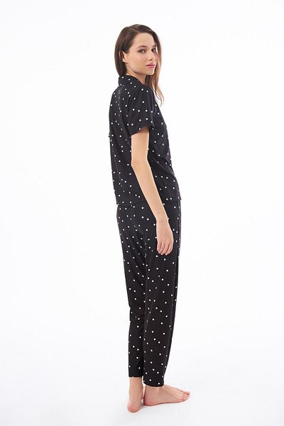 Cottonhill Premium Women's Pajama Set Black Heart Pattern Soft Texture Short Sleeve Shirt Collar