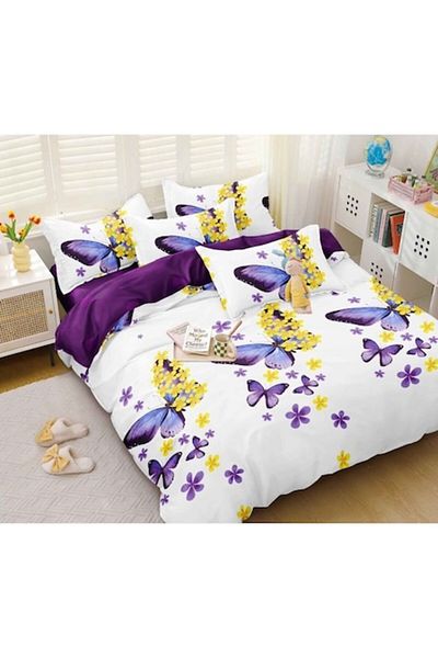 OEM Lenjerie de Pat, Cearșaf cu Elastic, Bumbac Satinat, 2 Persoane, 4 Piese, Imprimeu Fluturi Multicol