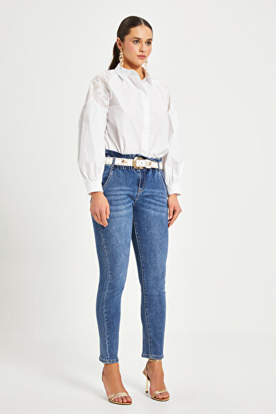 SERPİL Kadın Nakış Detaylı Pamuk Gömlek – Düğmeli, Uzun Kollu, %100 Cotton