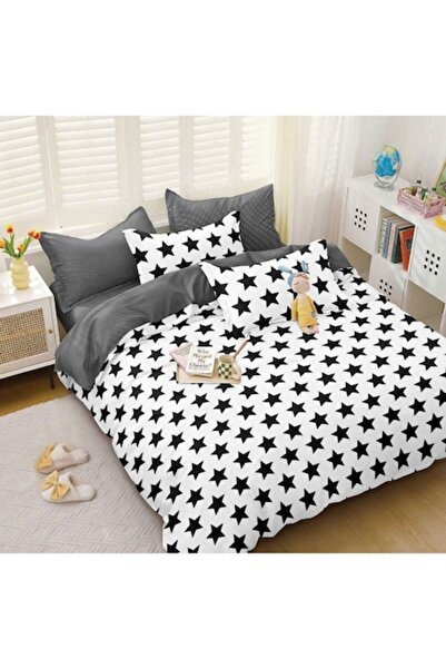 OEM Set de lenjerie de pat dublă, bumbac satinat, 4 piese, model stea, alb-ne...