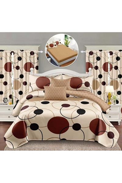 OEM 8-Piece Bedding & Drapery Set, Elastic Sheet, 2 Persons, Elegant Finet, Circular Print, Beige Shades