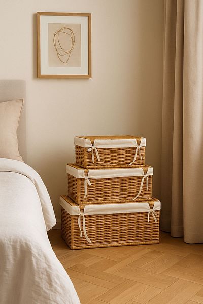 Arma House Set of 3 Luxury Rattan Look Basket Set – Linen Lining, Lid Wicker Storage Box Decorative Organizer