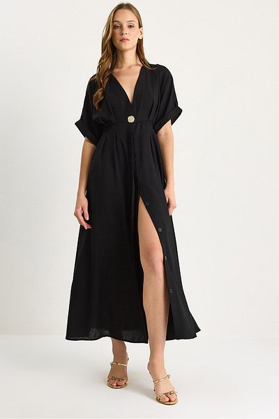 Bianco Lucci Rochie de damă din in, cu decolteu în V, cu detaliu de nasturi aurii 5266 60281107