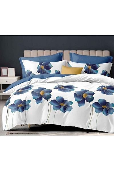 OEM Double Bed Sheet, Reversible, 6 pieces, Blue Royal Flowers, 2 persons, 230x245cm, Finet, Multicolor