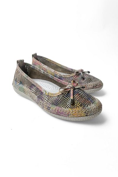 RABU Beige Women's Genuine Leather Color Printed Orthopedic Bow Perforated Ballerinas