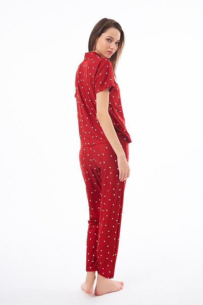 Cottonhill Premium Women's Pajama Set Red Heart Pattern Soft Textured Short Sleeve Shirt Collar