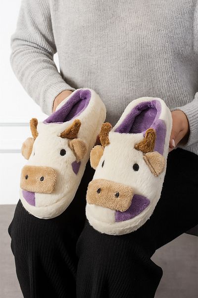 StWenn Χειμερινές παντόφλες Unisex με κέντημα με φιγούρα αγελάδας που δεν κάνει ήχο Αντιολισθητική σόλα