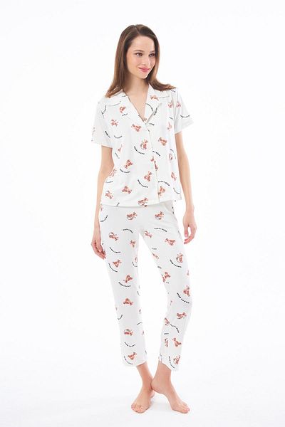 Cottonhill Premium Women's Pajama Set Teddy Bear Patterned Soft Textured Short Sleeve Shirt Collar
