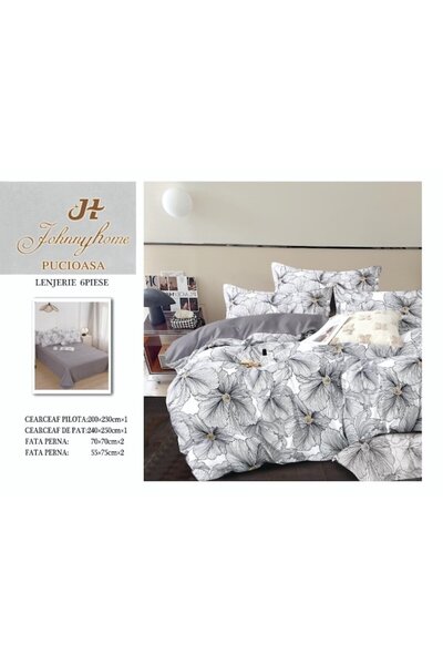 OEM Double bed sheet set, 6 pieces, 240x250cm, cotton satin material, floral, white-gray