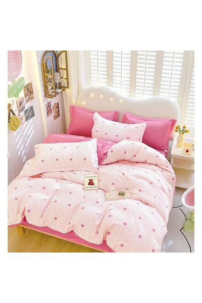 OEM Double Bed Linen Set, Pink Heart Print, 6 Pieces, Reversible
