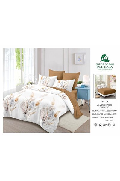 OEM Lenjerie Pat Dublu, Imprimeu Flori Lagurus, Reversibil, 6 piese, 2 persoane, 180x200cm, Finet, Bej N