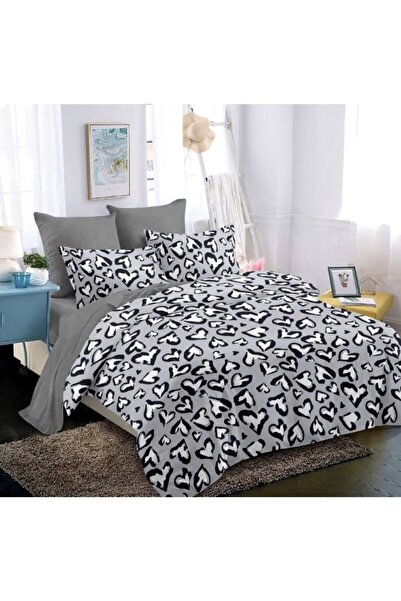 OEM Lenjerie de Pat, Finet, 6 piese, 2 persoane, 230x250cm, Imprimeu Inimi, Gri-Alb