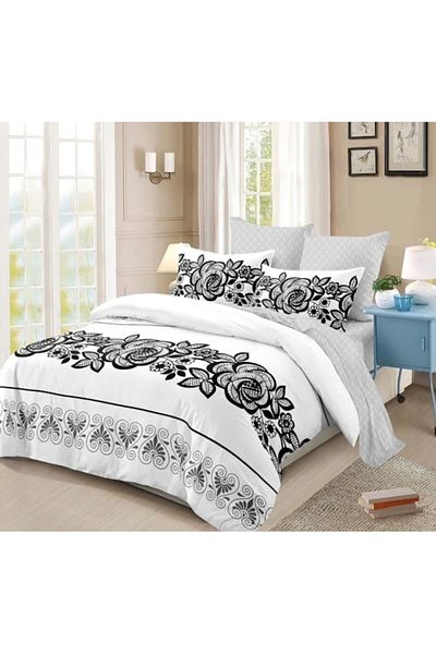 OEM Lenjerie de pat, Finet, 6 piese, 2 persoane, Bicolor, 230x250cm, Alb-Negru