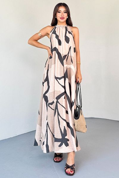 Cappmoda ELB-4150 Φόρεμα με λαιμόκοψη με φυσικό μοτίβο με πέτρινο χρώμα