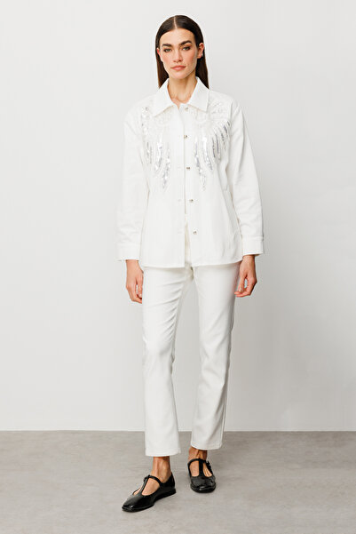 Ekol Front Bead Embroidered Denim Coat