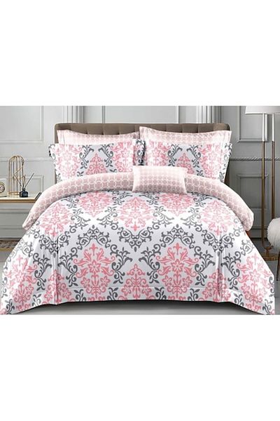 OEM Double Bedding Set, Satin Cotton, 4 Pieces, Abstract Pink-Gray Print, 200x230cm