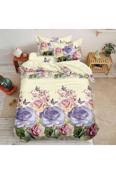OEM Lenjerie de pat, Finet, Imprimeu 3D Multiplicat, 4 piese, 1 persoana, 155x200cm, Trandafiri, Multico