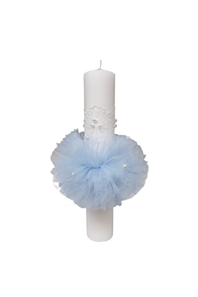 OEM Lumânare de botez, decorată cu tul și perle albe, 35 cm, albastru deschis