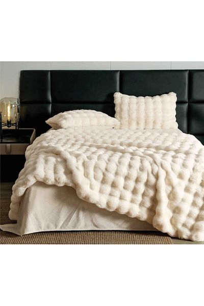 JOJO HOME Double Bedding Set Jojo Home Artificial Rabbit Fur Uni 6 Pieces White Cream