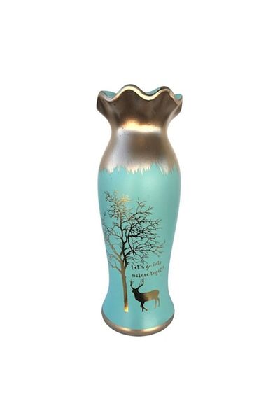 OEM Vaza din ceramica, bombata in partea de jos si gat ingust, cu cerb si pom, turcoaz, 11x30 cm