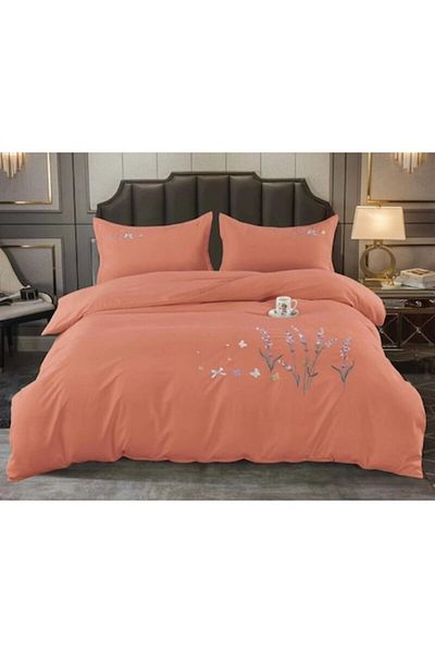OEM Lenjerie brodata de pat dublu, Finet, Uni, 4 piese, 2 persoane, 245x250cm, Corai