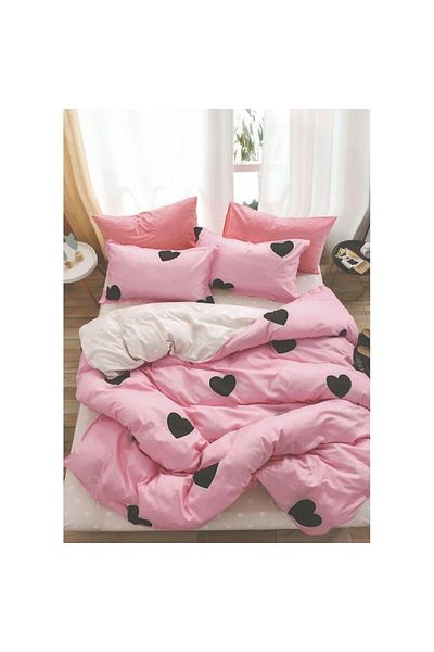 OEM Double Bed Linen, Black Hearts Print, 2 Persons, 240x250cm, Finet, Pink-Black