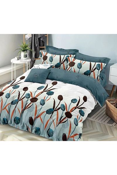 Pucioasa Double Bedding Set, Pucioasa, Finet, 6 Pieces, Tulip Print, 245x250cm, White-Blue