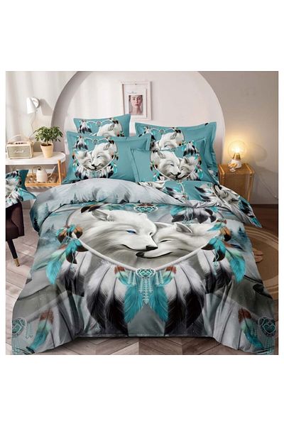 JOJO HOME Double Bed Linen, Jojo Home, White Wolves Print, 4 Pieces, 1 Person, 140x200cm, Finet