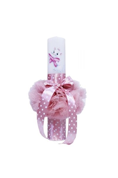 OEM Λαμπάδα Βάπτισης, Τούλι και Μαρί, 40x7εκ., Ροζ Πούδρας