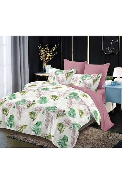 OEM Bed Linen Set, Elastic Sheet, Finet, 6 Pieces, 2 Persons, Exotic Leaves Pattern, 180x200cm, Multicol