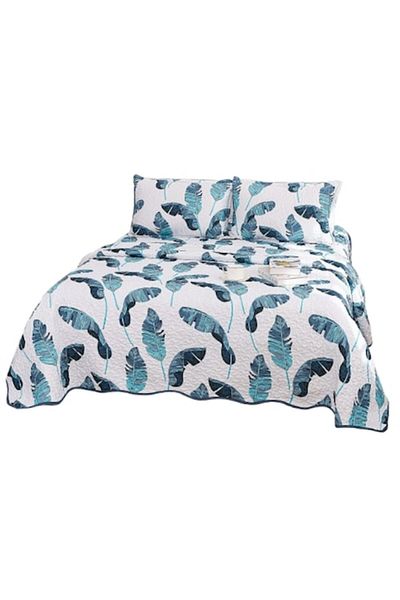 OEM Bedspread, Microfiber, 3 Pieces, for 2 People, 220x240cm, Leaf Print, White-Blue