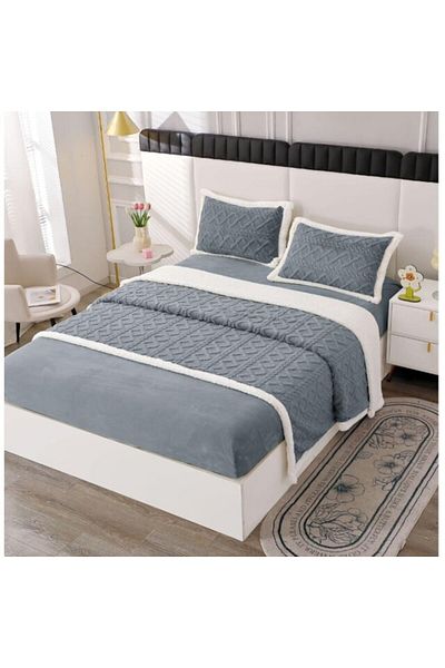OEM Lenjerie cu blanita, model tricotat cu elastic, 180x200 cm, gri-albastrui