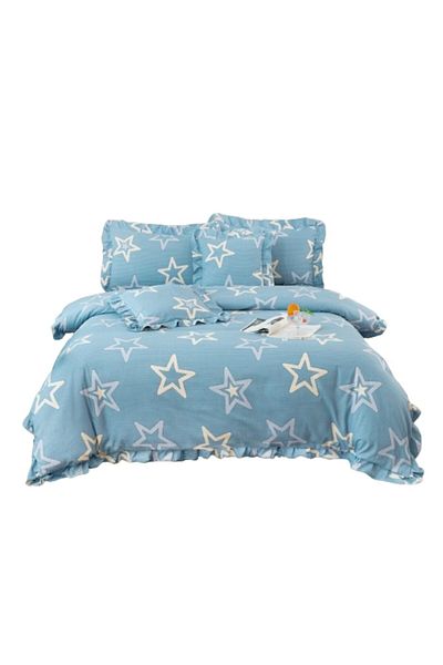 OEM Luxury Bedding Set, Cotton, Ruffle Model, Two-Tone Star Print, 6 Pieces, 2 Persons, 180x200cm, Blue-