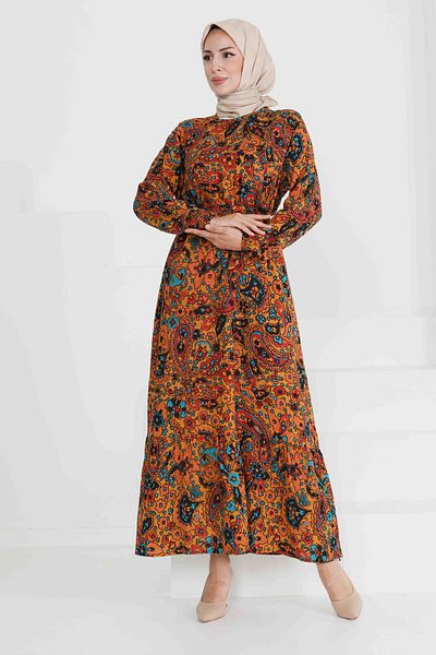 TOFİSA Patterned Belted Dress Mustard - 27472
