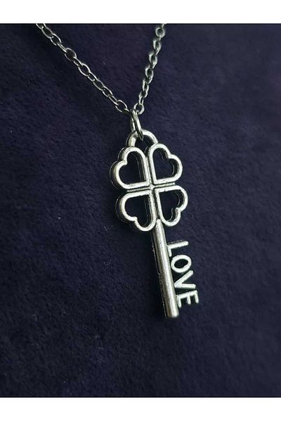 sarıyer silver Key Model Love Written Love Lover Themed Special Design Love Luck Icon Key Steel Necklace
