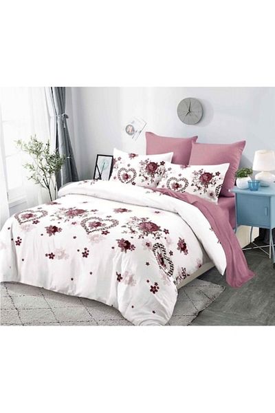OEM Lenjerie de pat, Finet, 6 piese, 2 persoane, Imprimeu Inimi si Bujori, Multicolor