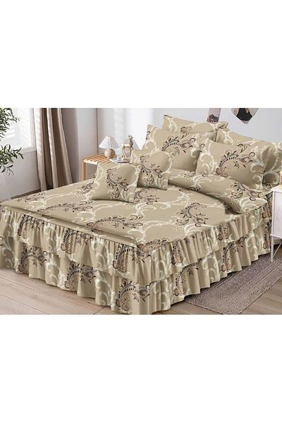 OEM Double Bed Linen Set with Ruffles, 6 Pieces, 2 Persons, Meadow Flowers, 270x245cm, Beige Shades