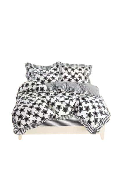 OEM Lenjerie de pat, 6 piese, 2 persoane, 230X250cm, Finet, Imprimeu Stele, Alb-Negru