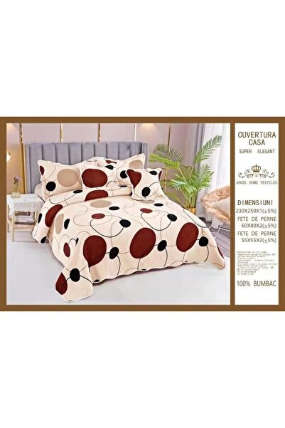 OEM Quilt and 4 quilted pillowcases, cotton, 5 pieces, 2 persons, circles, 230x250cm, beige