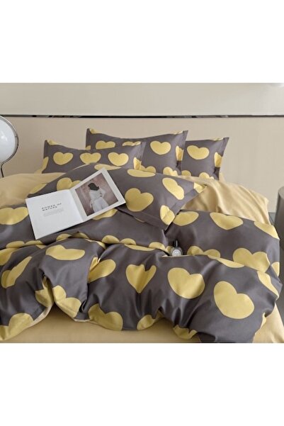 OEM Double Bed Sheet, 6 Pieces, Satin Cotton Material, Hearts Print, Gray-Yellow