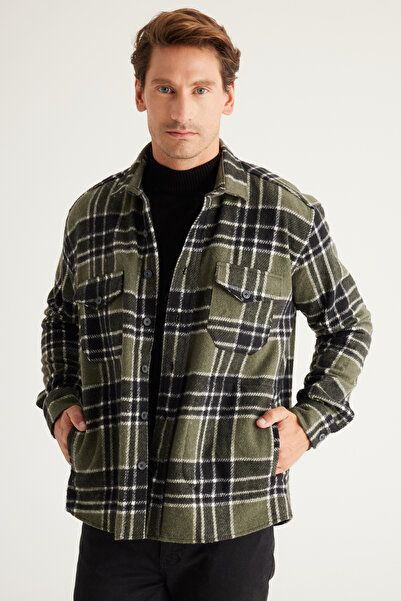 AC&Co / Altınyıldız Classics Men's Khaki-Black Oversize Loose Cut Button Collar Checked Winter Shirt Jacket