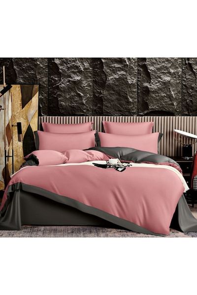 OEM Bed Linen, Bicolor, Silk Imitation, 2 Persons, 6 Pieces, 230x245cm, Pink-Grey