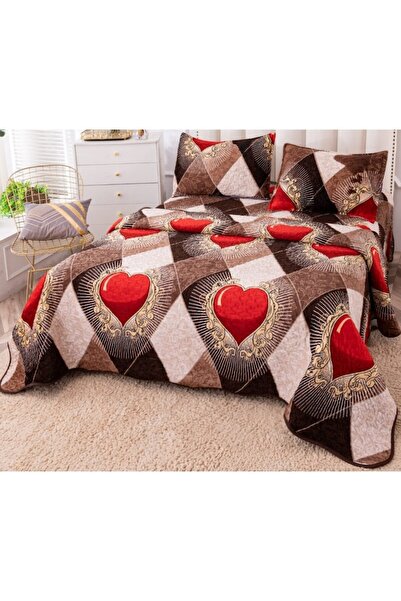 OEM Bedspread, Cotton and Linen, 3 pieces, 2 people, 230x250cm, Hearts Print, Multicolor