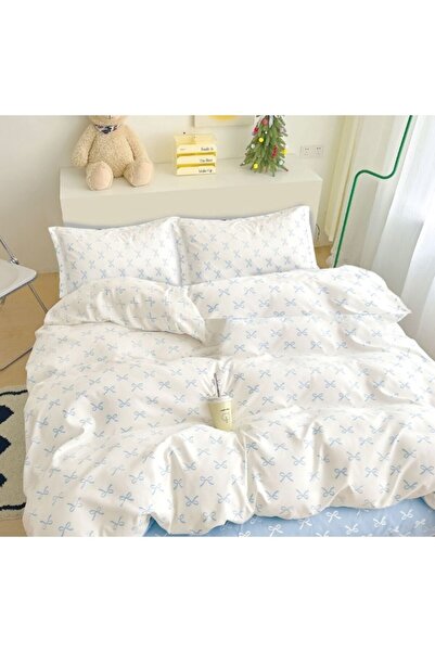 OEM Lenjerie pat, Imprimeu Fundite, 4 piese, 1 persoana, 155x220cm, Finet Satinat, Alb-Albastru